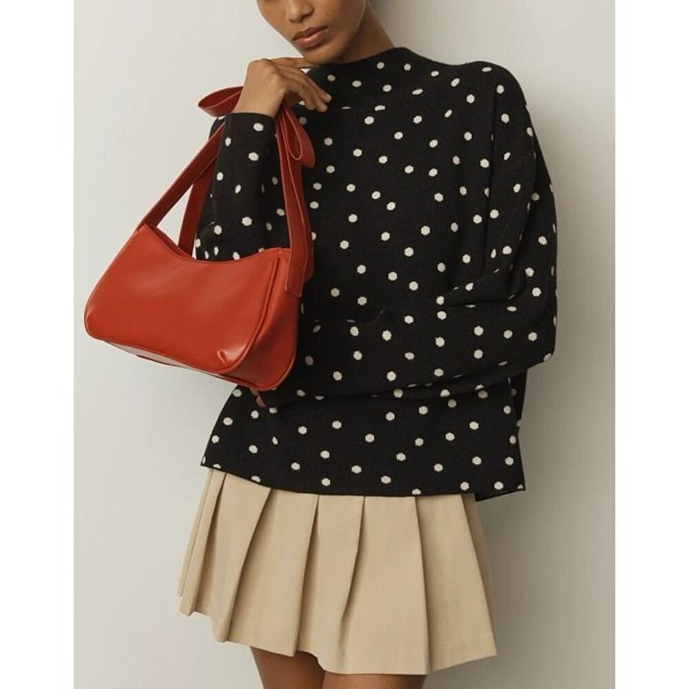 Anthropologie Maeve CARYS Mock Neck Sweater Womens Small Carbon Black Polka Dots